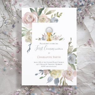Catholic First Communion delicate flowers bouquets Invitation