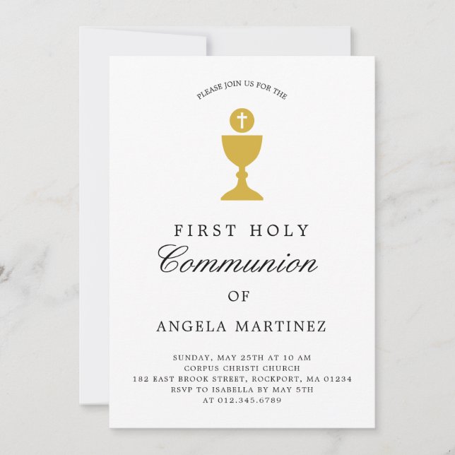 Catholic First Communion Gold and White Invitation (Front)