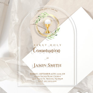 catholic first communion gold circle green leaves acrylic invitations