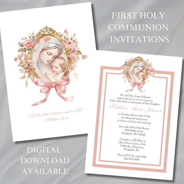Catholic First Communion Mary Jesus Pink Invitation (Creator Uploaded)
