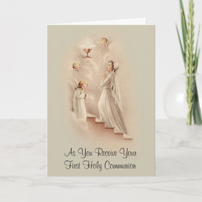 Catholic First Holy Communion for Girl with Angels Holiday Card (Front)