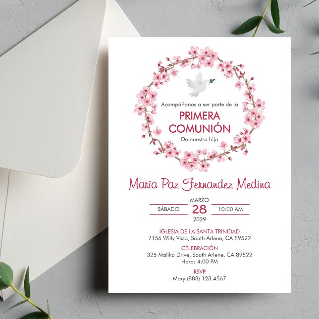 Catholic First Holy Communion Spanish Pink Flowers Invitation (Creator Uploaded)