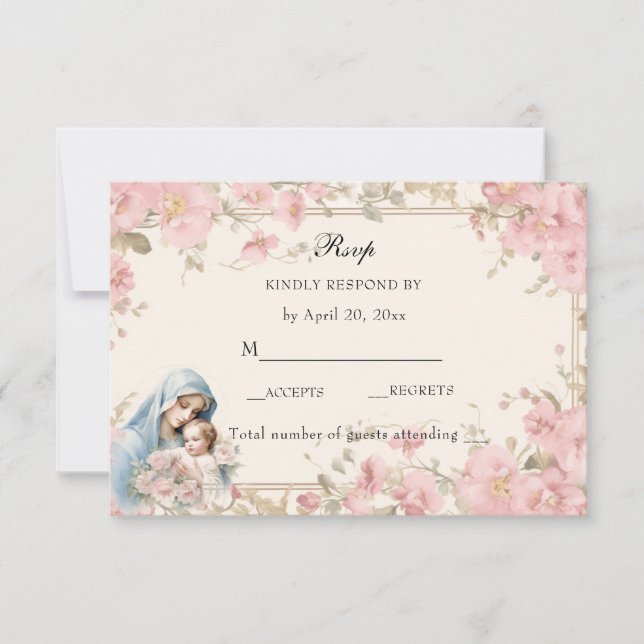 Catholic Floral Blessed Mary Pink Floral  RSVP Card (Front)