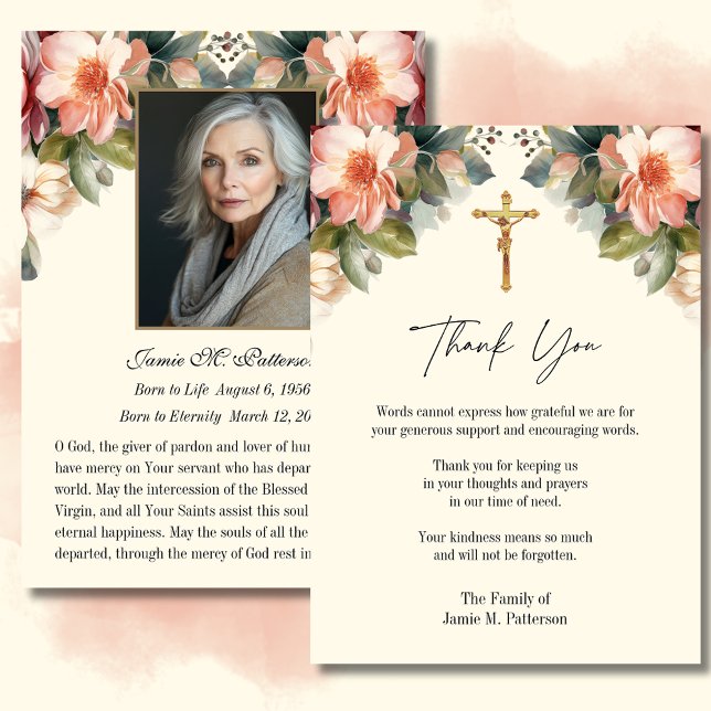 Catholic Floral Photo Funeral Condolence Sympathy Thank You Card (Creator Uploaded)