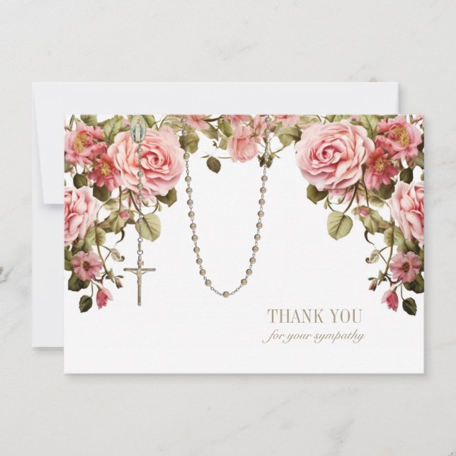 Catholic Floral Rosary Funeral Condolence Sympathy Thank You Card (Front)