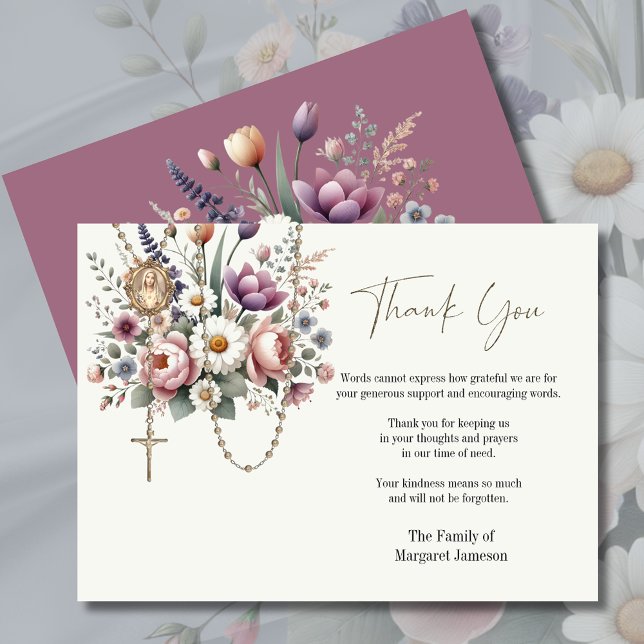 Catholic Floral Rosary Funeral Condolence Sympathy Thank You Card (Creator Uploaded)