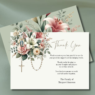 Catholic Floral Rosary Funeral Condolence Sympathy Thank You Card