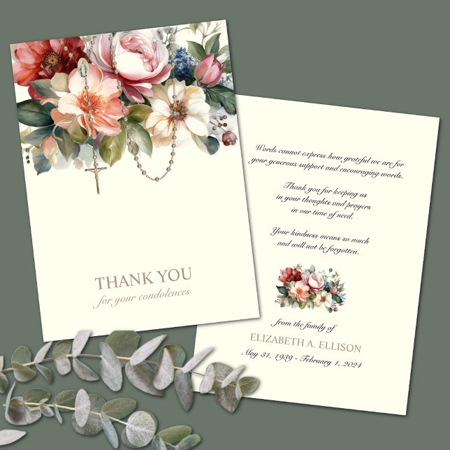 Catholic Floral Rosary Funeral Condolence Sympathy Thank You Card (Easy to personalize Catholic Sympathy Thank You Cards)