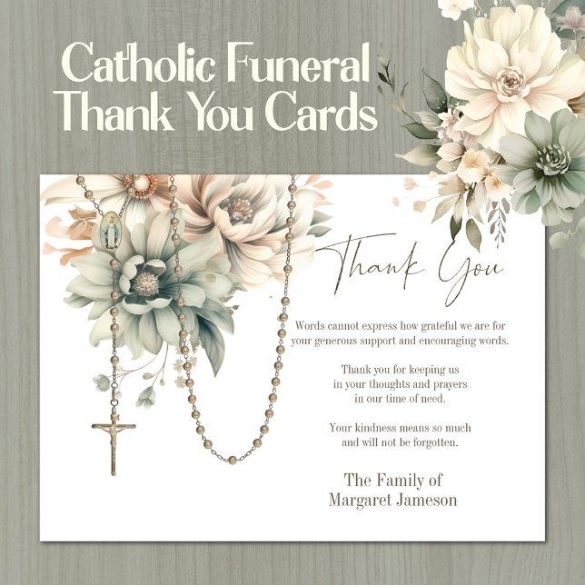 Catholic Floral Rosary Funeral Condolence Sympathy Thank You Card (Traditional Catholic Funeral Memorial Thank You Cards)