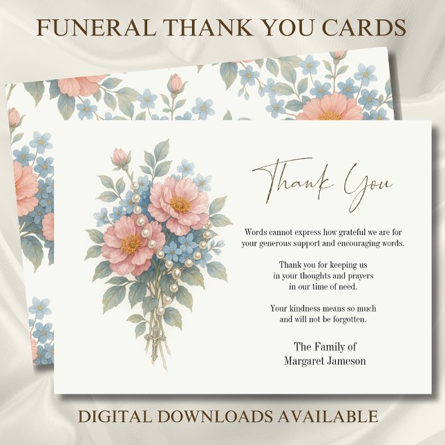 Catholic Floral Rosary Funeral Condolence Sympathy Thank You Card (Creator Uploaded)