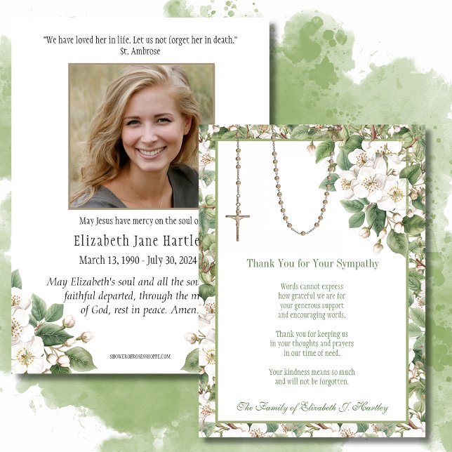 Catholic Floral Rosary Sympathy Funeral Prayer Thank You Card (Creator Uploaded)