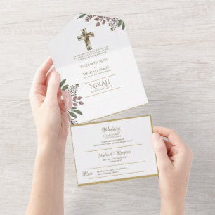 Catholic Floral Wedding Invitations Modern Cross