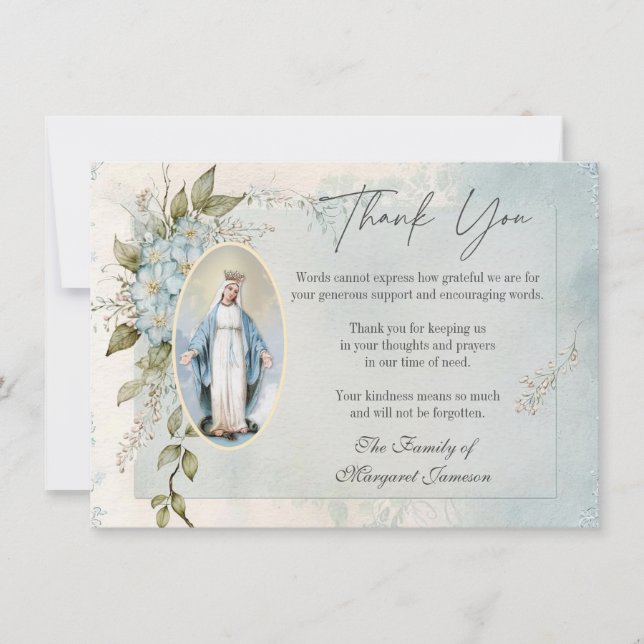 Catholic Funeral Memorial Blessed Virgin Mary  Thank You Card (Front)