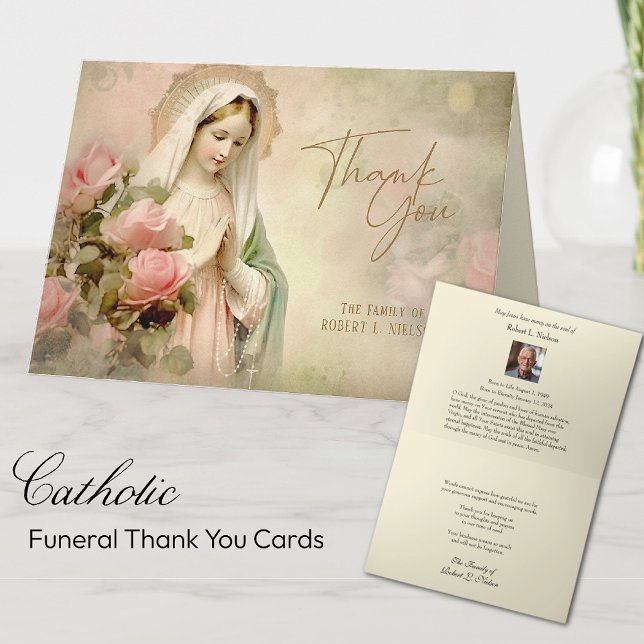 Catholic Funeral Memorial Photo Prayer Thank You Card (Easy to personalize!)