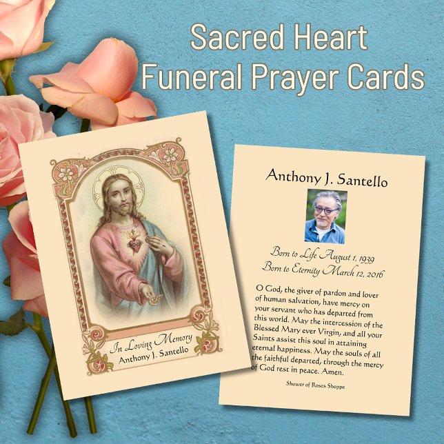 Catholic Funeral Memorial Prayer Holy Card (Traditional Catholic Sacred Heart of Jesus Funeral Prayer Cards)