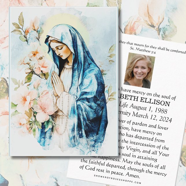 Catholic Funeral Memorial Prayer Mary Floral Place Card (Creator Uploaded)