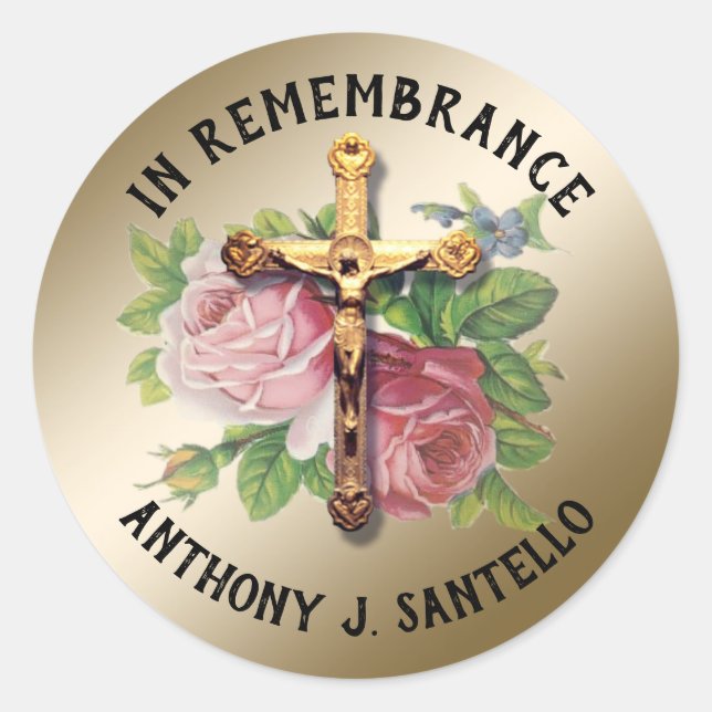Catholic Funeral Sympathy Crucifix Roses Classic Round Sticker (Front)