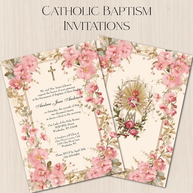 Catholic Girl Baptism Christening Pink Floral Invitation (Creator Uploaded)