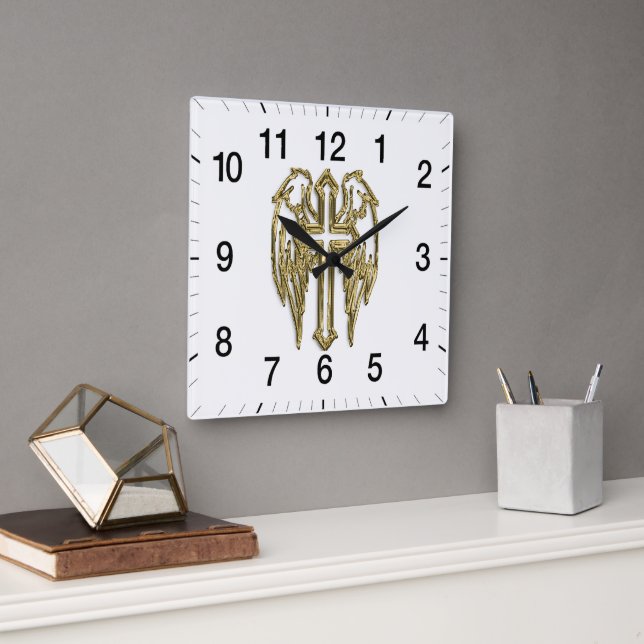 catholic-gold cross white square wall clock (Office)