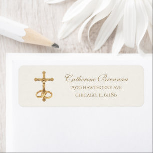 Catholic Gold Crucifix and Rings Wedding Return Address Label