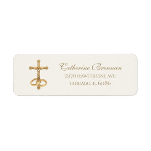 Catholic Gold Crucifix and Rings Wedding  Return Address Label