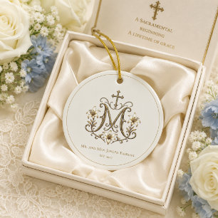 Catholic Gold Marian Cross Monogram Ceramic Ornament
