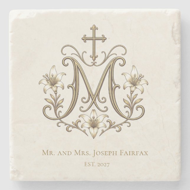 Catholic Gold Marian Cross Monogram Stone Coaster (Front)