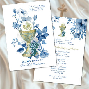 Catholic Holy Communion Blue Floral Invitation