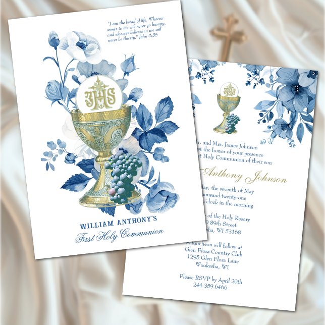 Catholic Holy Communion Blue Floral Invitation (Creator Uploaded)