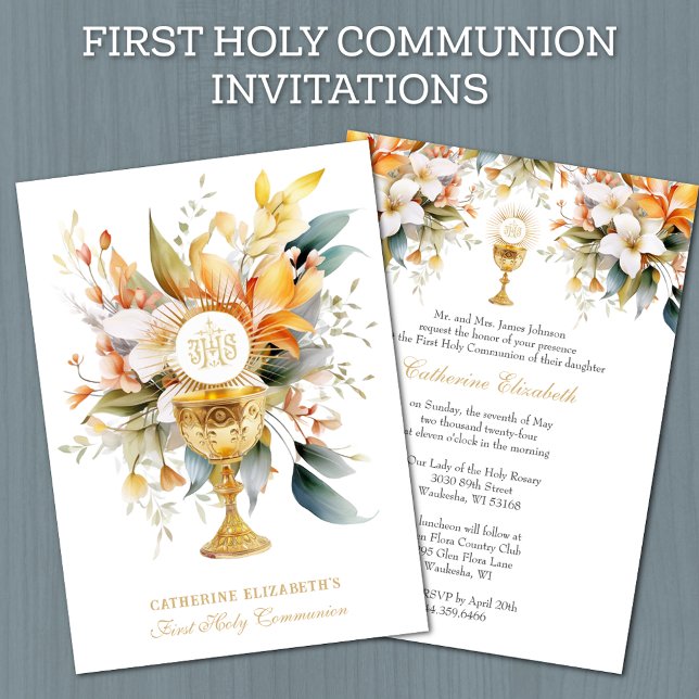 Catholic Holy Communion Elegant Floral Eucharist Invitation (Creator Uploaded)