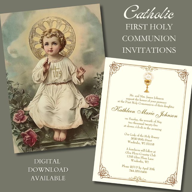 Catholic Holy Communion Jesus Roses  Invitation (Creator Uploaded)