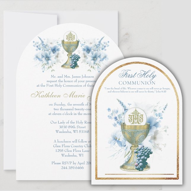 Catholic Holy Communion Light Blue Floral Invitation (Creator Uploaded)