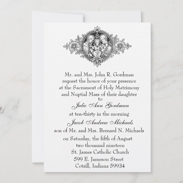 Catholic Holy Family Black and White Wedding Invitation (Front)