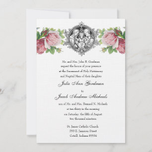 Catholic Holy Family Pink Roses Floral Wedding Invitation