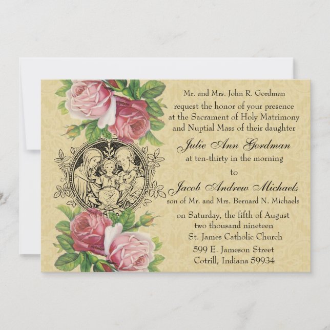 Catholic Holy Family Pink Roses Wedding Invitation (Front)