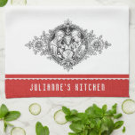 Catholic Holy Family Religious Decorative Line Art Tea Towel<br><div class="desc">This is a beautiful kitchen towel with a line art print of the Holy Family,  Jesus,  Mary & Joseph with a red border and white lace ruffle design.
All text and fonts can be modified.</div>
