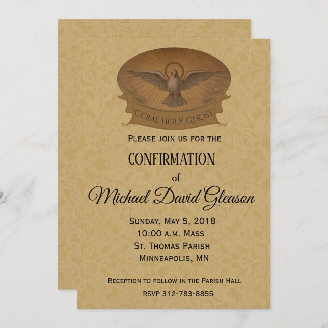 Catholic Holy Ghost Dove Gold Lace Confirmation Invitation (Front/Back)