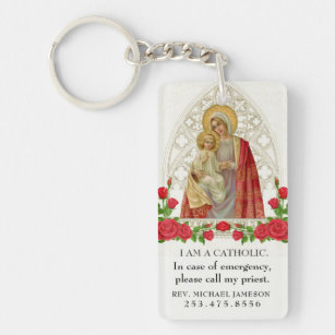 Catholic ID Virgin Mary Baby Jesus Pink Roses  Key Key Ring