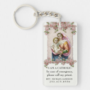 Catholic ID Virgin Mary Baby Jesus Pink Roses  Key Ring