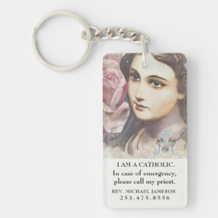 Catholic ID Virgin Mary Vintage Pink Roses   Key Ring