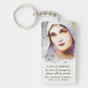 Catholic ID Virgin Mary Vintage Pink Roses Key Ring