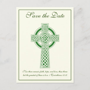 Catholic Ivory Green Celtic Cross Wedding Announcement Postcard