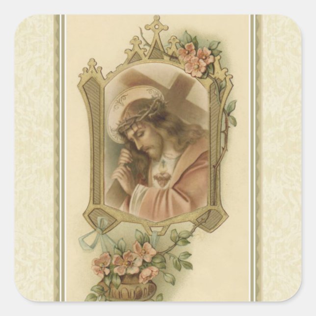 Catholic Jesus Carrying His Cross Flowers Square Sticker (Front)