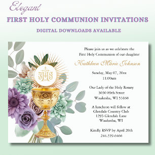 Catholic Jesus First Communion Floral Invitations