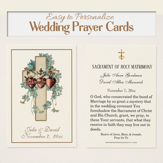 Catholic Jesus Mary Joseph Wedding Favour Card  (Easy to Personalize Catholic hWedding Prayer Cards with the  hearts of Jesus, Mary, & Joseph)