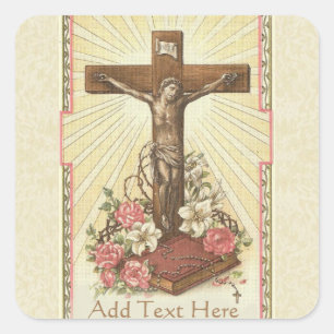Catholic Jesus on the Crucifix Floral Square Sticker