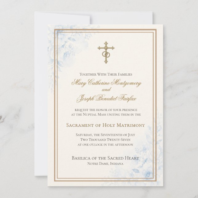 Catholic Light Blue Floral Wedding  Invitation (Front)