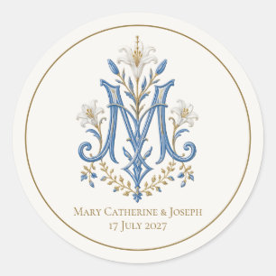 Catholic Marian Cross Monogram with Lilies Classic Round Sticker