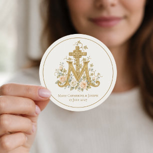 Catholic Marian Cross Monogram with roses Classic Round Sticker