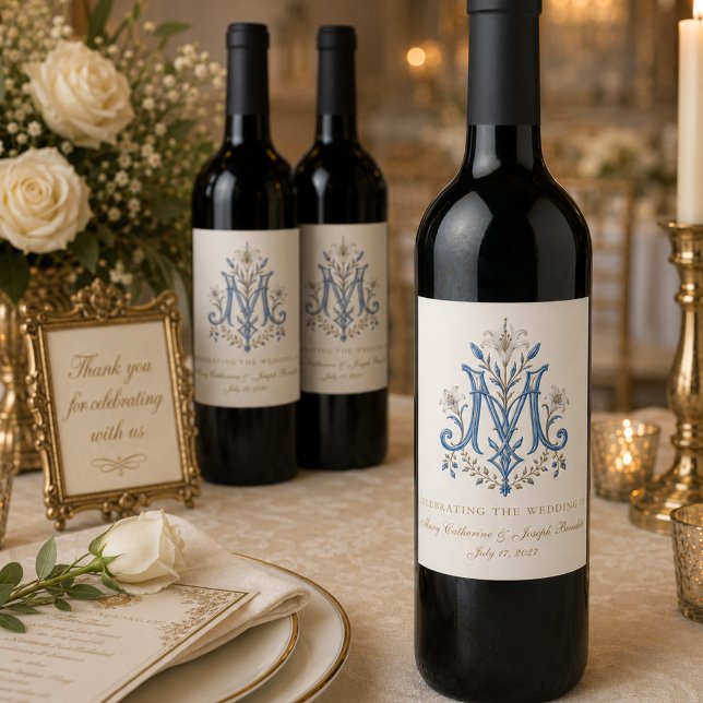 Catholic Marian Monogram Blessed Mary Wedding Wine Label (Creator Uploaded)